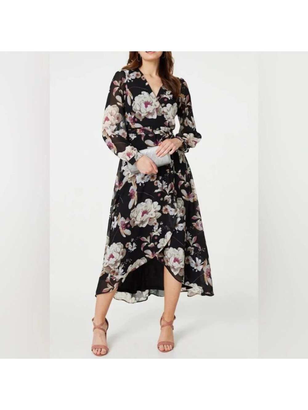 Lulus Black Floral High-Low Wrap Dress - Small